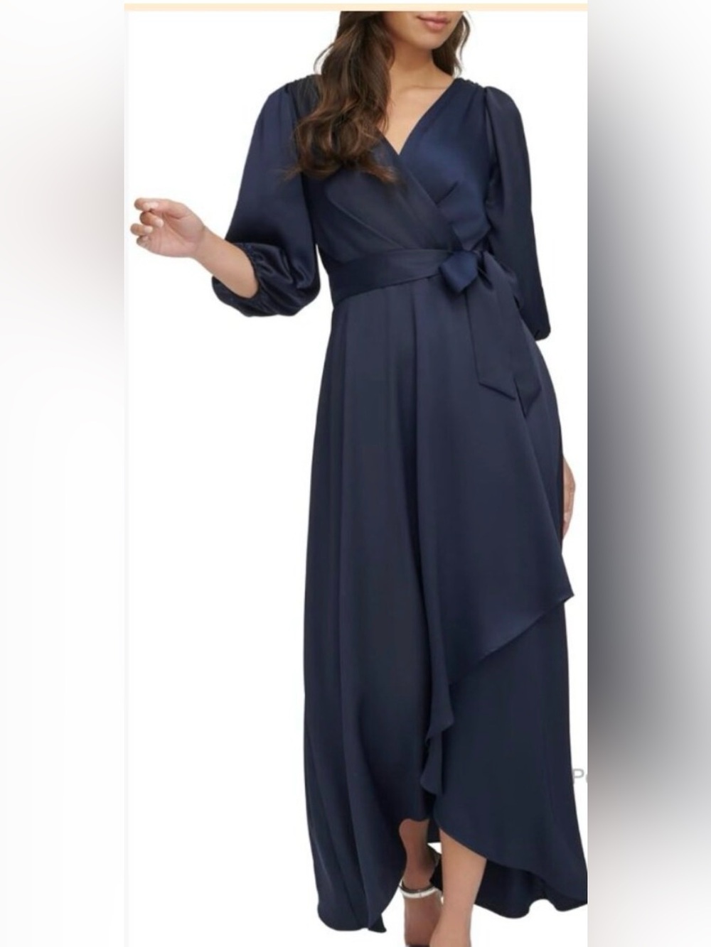 DKNY Navy Satin Asymmetrical Wrap Maxi Dress with Tie Waist